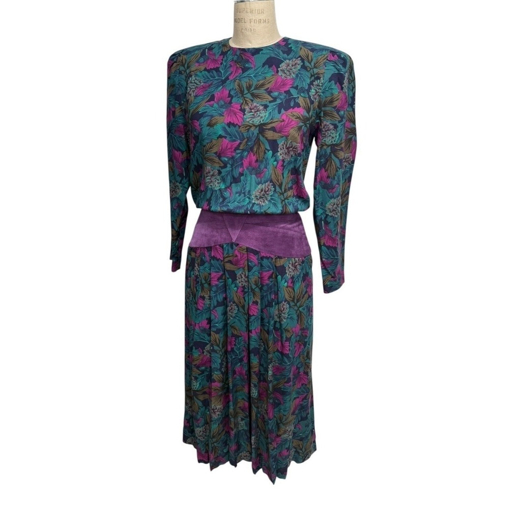 Vintage 80's Karin Stevens Floral Print Dress Size 6 Rayon Long Sleeve Midi